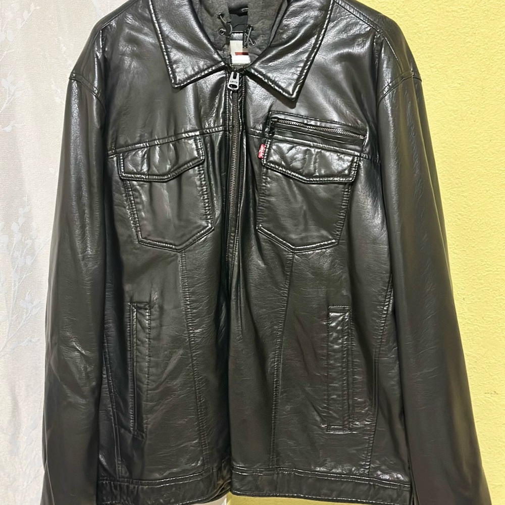 Levi's Black Leather Bomber Jacket with Zip Front